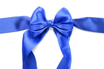 Beautiful blue ribbon with bow on white background