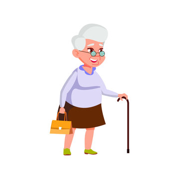 smiling senior lady walking on street with stick and bag cartoon vector. smiling senior lady walking on street with stick and bag character. isolated flat cartoon illustration