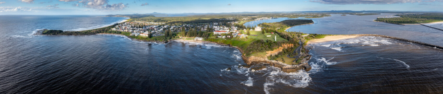 Aerial panoramic view of Yamba, a tourist destination in northern New South Wales, Australia