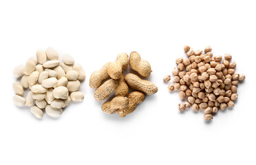 Different legumes on white background