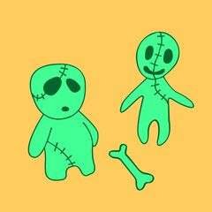 Vector cute green zombies in cartoon style. Outline color doodle illustration isolated. Halloween elements of design