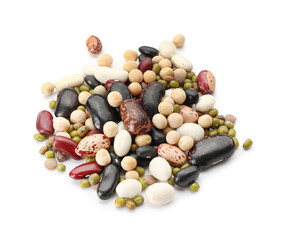 Heap of different legumes on white background