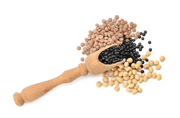 Scoop with different legumes on white background