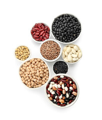Bowls with different legumes on white background - obrazy, fototapety, plakaty