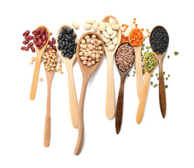 Spoons with different legumes on white background - obrazy, fototapety, plakaty