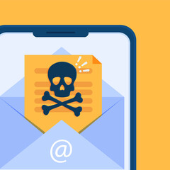 Notification of a malicious data phishing attack on the mobile phone screen. A smartphone with a fraud warning message. An error message, a scan, or a virus. Square banner for social networks.