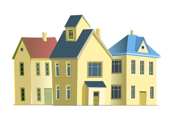Village. Street with houses. Cartoon cheerful flat style. Village. Small cozy suburban cottages. Gable roofs. Isolated background. Vector.