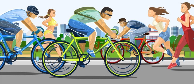  The girls are running. Guys ride bicycles. Urban sports. Fitness and healthy lifestyle. Flat cartoon style. Women runners and men cyclists. In the city park. Athletics. Illustration Vector