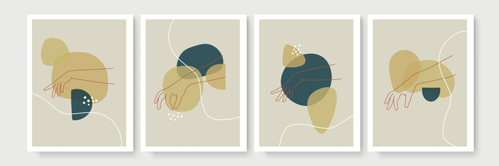 Set of creative minimalist hand draw illustrations hand gesture outline pastel biege simple shape for wall decoration, postcard or brochure cover design
