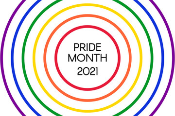 Pride Month 2021. Symbol LGBT, sexual minorities. Poster banner card with rainbow-colored circles on white background. Vector illustration.