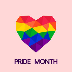 Pride Month 2021. Symbol LGBT, sexual minorities. Poster banner card with  polygonal rainbow-colored heart on pink background. Vector illustration.