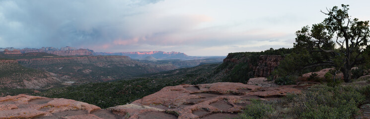 Pastel clouds drift across the sky over a panoramic landscape of arid desert mountains with pinyon pine and low bushes growing on the edge of a mesa in Southern Utah. 