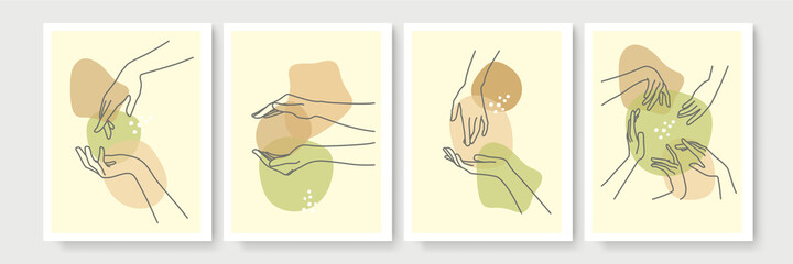 Set of female male hands in minimal linear style. Modern single line art. Vector illustration.
