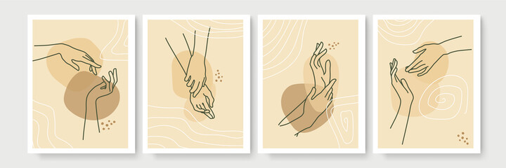 Set of female male hands in minimal linear style. Modern single line art. Vector illustration.
