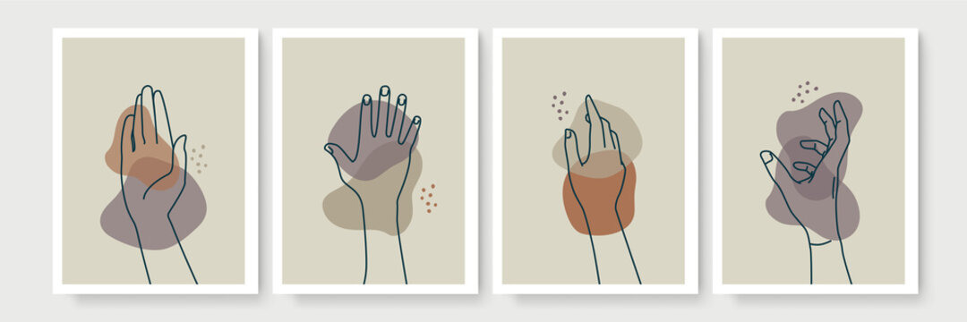 Mystic boho doodle set. Magic simple line logo icons with hands, crystals, moon, sun, stars. Bohemian posters, modern vector illustration