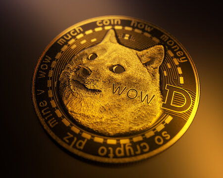 Dogecoin DOGE cryptocurrency, Face of the Shiba Inu dog on coin. Gold Dogecoin on dark backround with text and crypto symbol. 3D Illustration