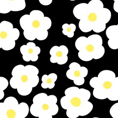 White flowers on a black background. Seamless pattern on a natural theme. Primitive illustration in a trendy style. Design for fabric, clothing and other items.