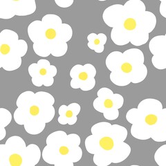 Simple white flowers on a colored background. Seamless nature-themed pattern. Primitive illustration in a trendy style. Design for fabric, clothing and other items.