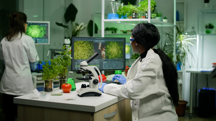 Biologist researcher examining organic leaf slide for medical expertise under microscope. Chemist scientist analyzing organic agriculture plants in microbiology scientific laboratory