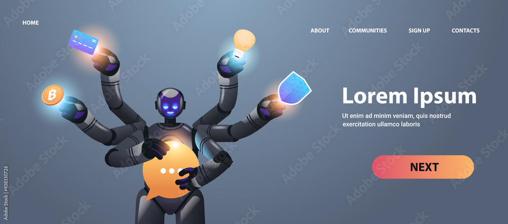 Poster modern robot with many hands multitasking robotic character artificial intelligence concept