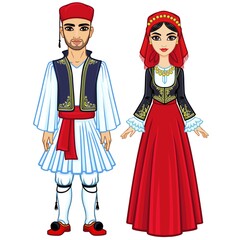 Animation portrait of a family in ancient Greek clothes. Full growth. The vector illustration isolated on a white background.