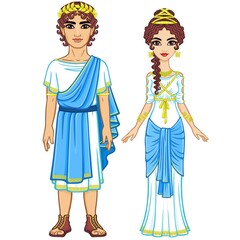 Animation portrait of a family in clothes of Ancient Greece. Full growth. The vector illustration isolated on a white background.