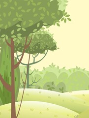 Fototapeta premium Amusing beautiful forest landscape. Cartoon style. Grass hills. Distant horizon. Rural natural look. Cool romantic pretty. Flat design illustration. Vector art