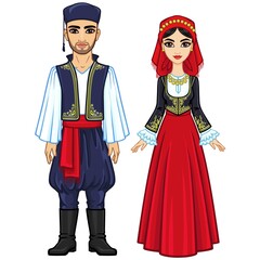 Animation portrait of a family in ancient Greek clothes. Full growth.  Background - a sea landscape, mountains, the old city port. Vector illustration.