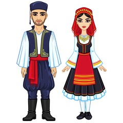 Animation portrait of a family in ancient Greek clothes. Full growth. The vector illustration isolated on a white background.