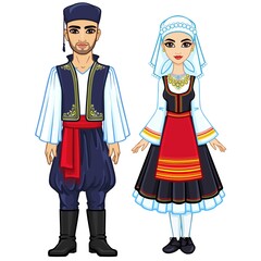 Animation portrait of a family in ancient Greek clothes. Full growth. The vector illustration isolated on a white background.