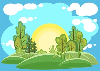 Flat forest. Illustration in a simple symbolic style. Sun. Funny green landscape. Comic cartoon design. Cute scene with trees. Country Wild Scenery. Vector