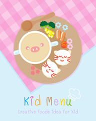 Creative idea for kid breakfast, Soup Ham with Rice, Cute Foods style, Vector Illustration.