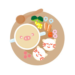 Creative idea for kid breakfast, Soup Ham with Rice, Cute Foods style, Vector Illustration.