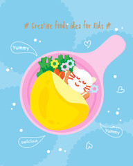 Creative idea for kid breakfast, Creative idea for kid, omelet, sausage with Steam rice, tomato, Cute Foods style, Vector Illustration