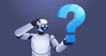 frustrated robot cyborg holding question mark help support service faq problem artificial intelligence technology concept
