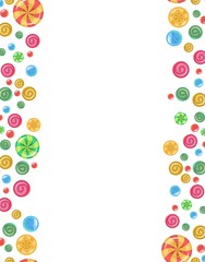 Sweets and scattered. Seamless frame. Assorted dessert interspersed. Candy caramel. Border seamless. Flat Background illustration. Vector