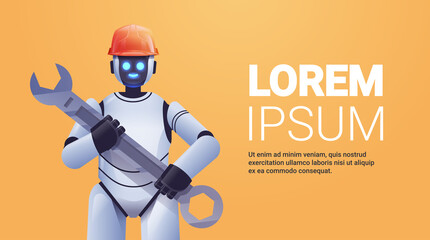 modern robot in helmet holding wrench repair service artificial intelligence concept horizontal