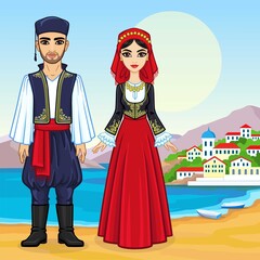 Animation portrait of a family in ancient Greek clothes. Full growth.  Background - a sea landscape, mountains, the old city port. Vector illustration.