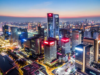Fototapeta premium Aerial photography of the night view of the urban architecture skyline of Ningbo, Zhejiang