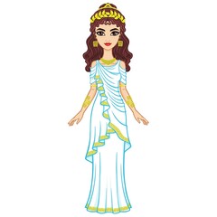 Portrait of the animation woman in  ancient Greek dress. Full growth. Vector illustration isolated on a white background. 