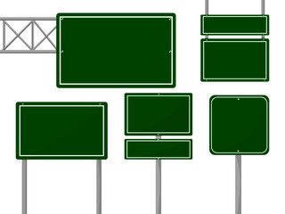 Road green traffic signs set. Blank board with place for text. vector illustration