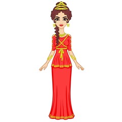 Portrait of the animation woman in  ancient Greek dress. Full growth. Vector illustration isolated on a white background. 