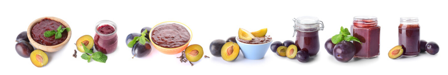 Delicious homemade plum jam on white background