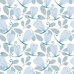 Seamless pattern with Butterfly and leaves in pastel blue color in  Scandinavian style for fabrics, paper, textile, gift wrap isolated on white background