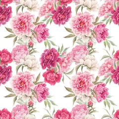 Poster Beautiful seamless floral pattern with hand drawn watercolor gentle pink peony flowers. Stock illuistration. © zenina