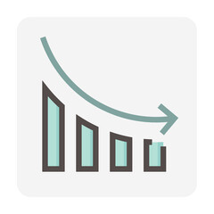 Bar chart or bar graph decreasing vector icon with drop down arrow. Statistical data of stock, financial in business to loss, negative, decline or crisis. Graphic  for report, presentation. 48x48 px.
