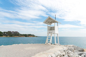 White Wooden Tower observation old small at the end of road at  Khao Laem Ya–Mu Ko Samet National Park, Rayong province, Thailand