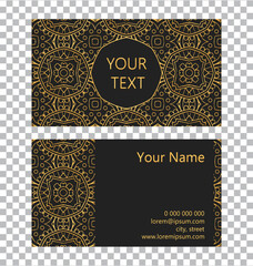 Vector template isolated business card. 3d volumetric convex embossed geometric gold pattern on a black background. Islam, Arabic, Indian, Ottoman motives.