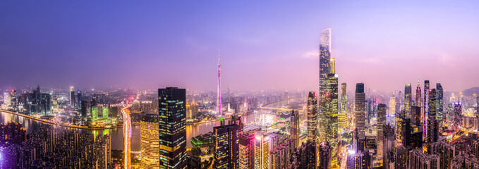 Obraz premium Aerial photography of Guangzhou city architecture night view