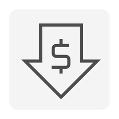 Money value decrease vector design. That icon, sign or symbol of dollar and big drop down arrow for business, economy and finance concept to reduce of profit, data, market price or income. 48x48 px.
